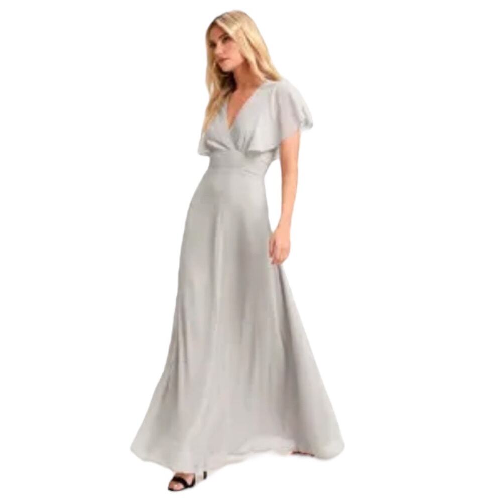 Lulu's Size Small Promise of Love Elegant Light Gray Flowy Maxi Dress FLAWED